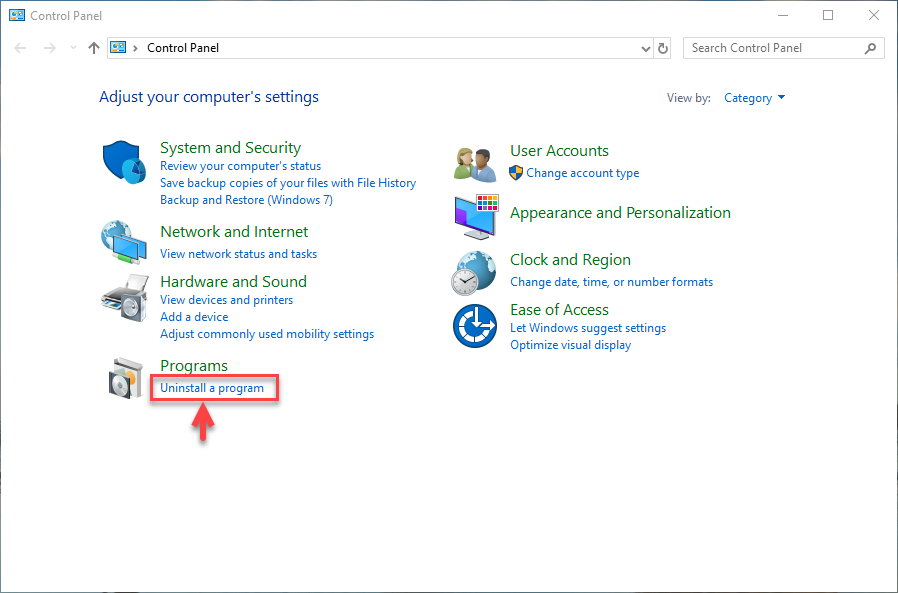 เปิด Control Panel แล้วคลิก Uninstall a program